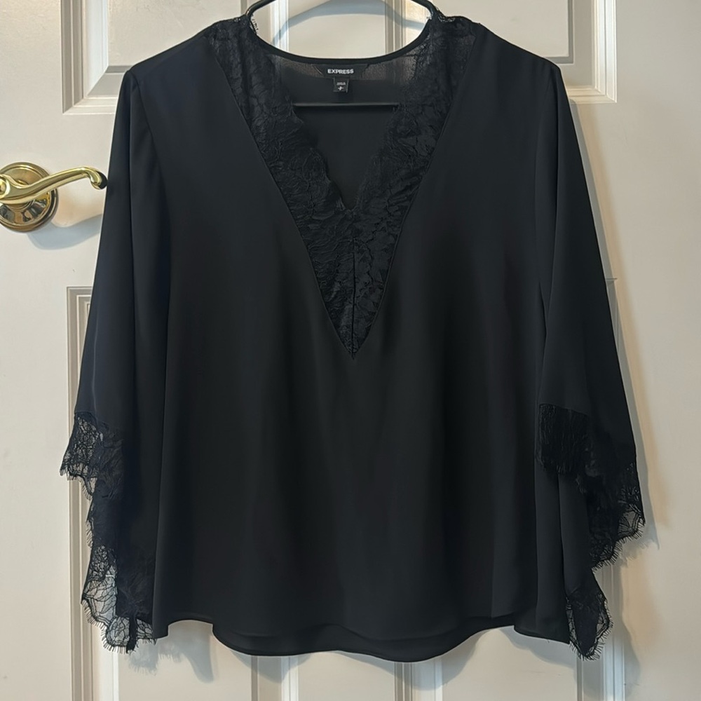 Express black Lacey detailed short sleeve flowy top (fairly see thru)